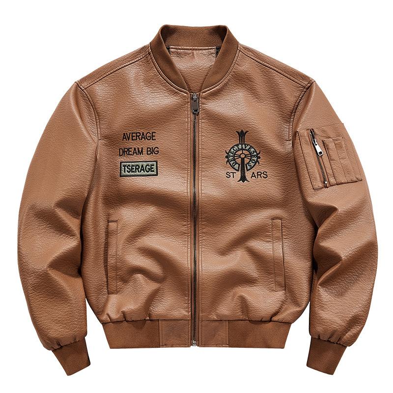 Men Baseball Collar Faux Leather Bomber Jacket Embroidery Letter Pattern Zip Up Long Sleeve Outerwear Multi Pocket Design Casual Streetwear Coat