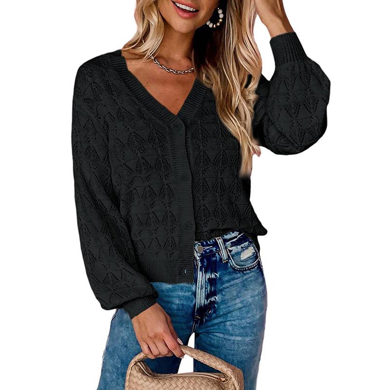 Open Weave Crochet Knit Cardigan For Women V Neck Button Front Lantern Sleeve Loose Fit Hollow Knitted Sweater For Vacation And Daily Look