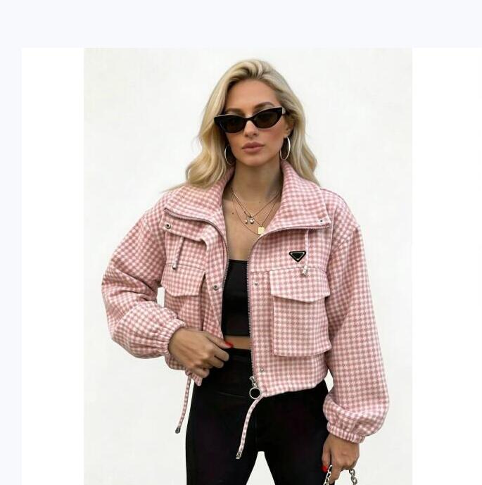 New designer zip up short workwear jacket women's cardigan plaid spring Autumn windbreaker loose Coat puffer Jacket crop top outwear