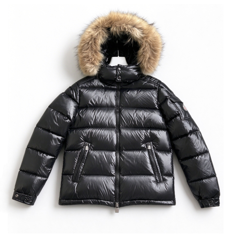 Zwart glanzend kort donsjack met afneembare capuchon van wasbeerbont Winterwarme pufferjas voor heren en dames