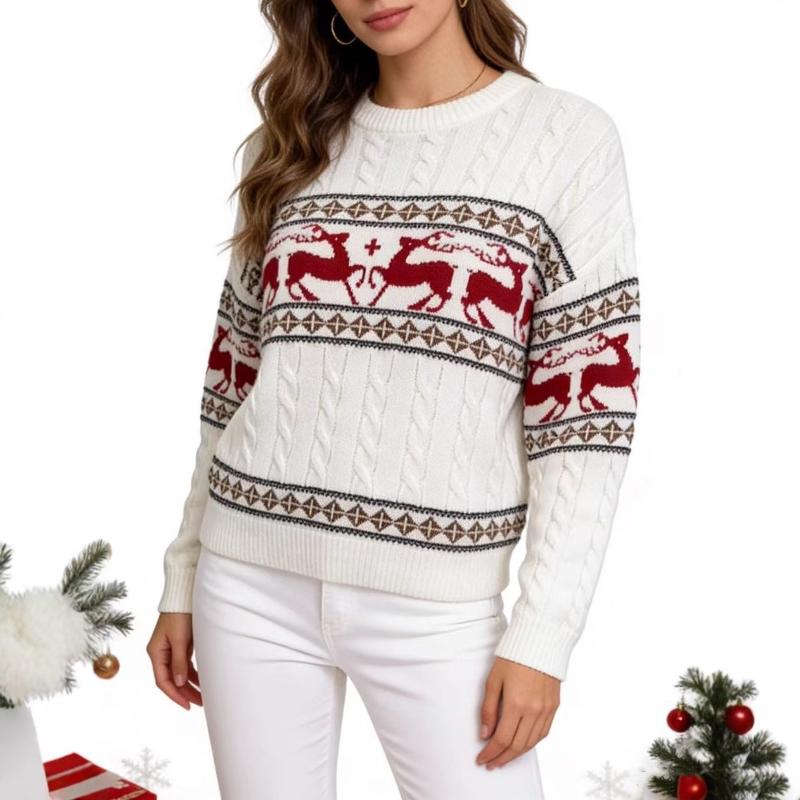 Pull de Noël en tricot torsadé pour femme, col rond, manches longues, motif de renne, épaules tombantes, coupe ample, pull de vacances, haut en t