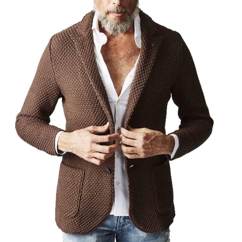 Solid Knitted Blazer Notched Collar Long Sleeve Patch Pocket Single Button Knit Coat Stylish Smart Casual Outerwear For Men