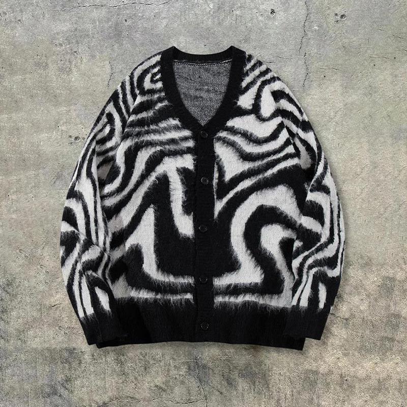 Veste tricotée jacquard abstraite à col en V unisexe, manches longues boutonnée, coupe ample, pull pelucheux, tricot à motif artistique élégant p