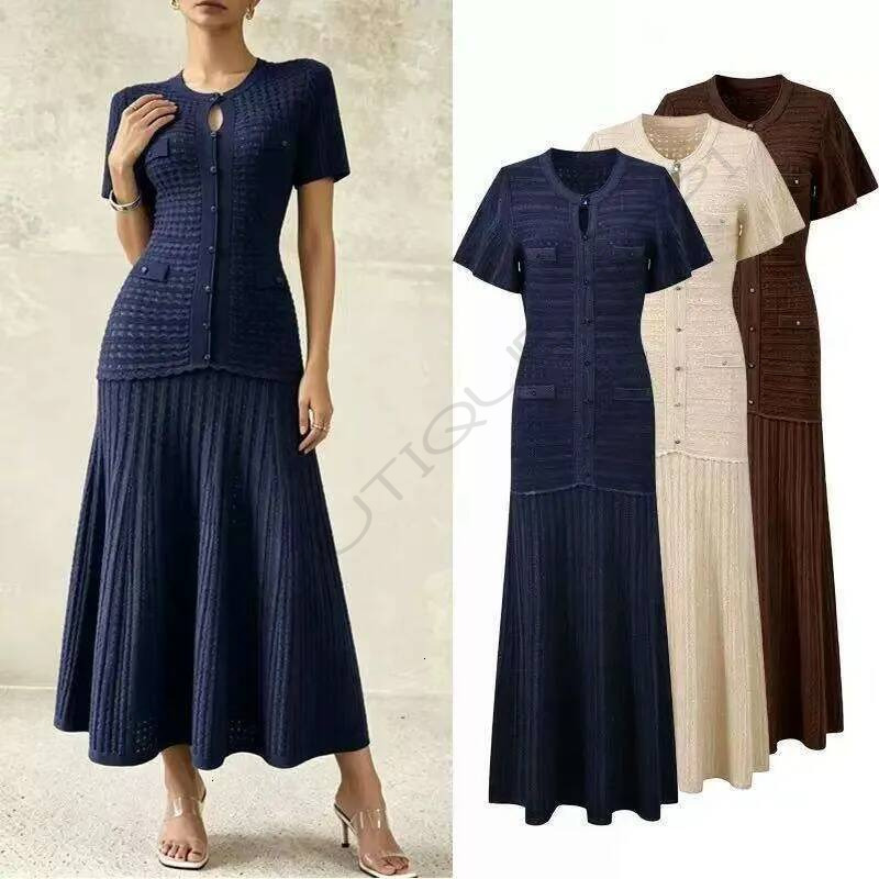 designer clothes Short Sleeve O Neck Button Down A Line Long Dress Solid Color Party Casual Knitted Dress sandro women Elegant Hollow Knit Maxi Dres