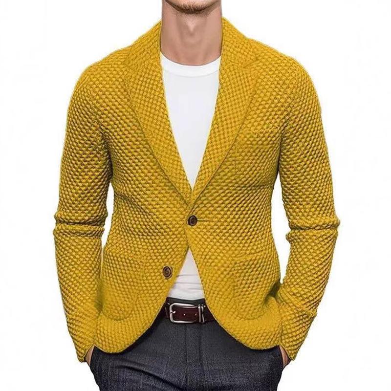 Blazer en tricot à revers pour hommes, manches longues, simple boutonnage, veste tricotée texturée, conception de poche plaquée, manteau pull déc
