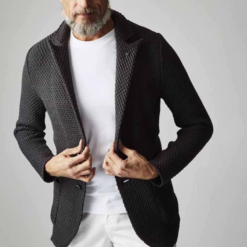 Men Notch Lapel Knitted Sweater Blazer Long Sleeve Single Breasted Patch Pockets Jacket Soft Textured Casual Coat For Daily And Office Wear