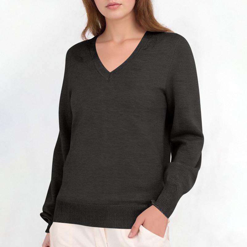 Pull simple à col en V uni pour femme, manches longues, fabriqué à partir de tissu délicat en tricot fin, bords côtelés, coupe décontractée, conf