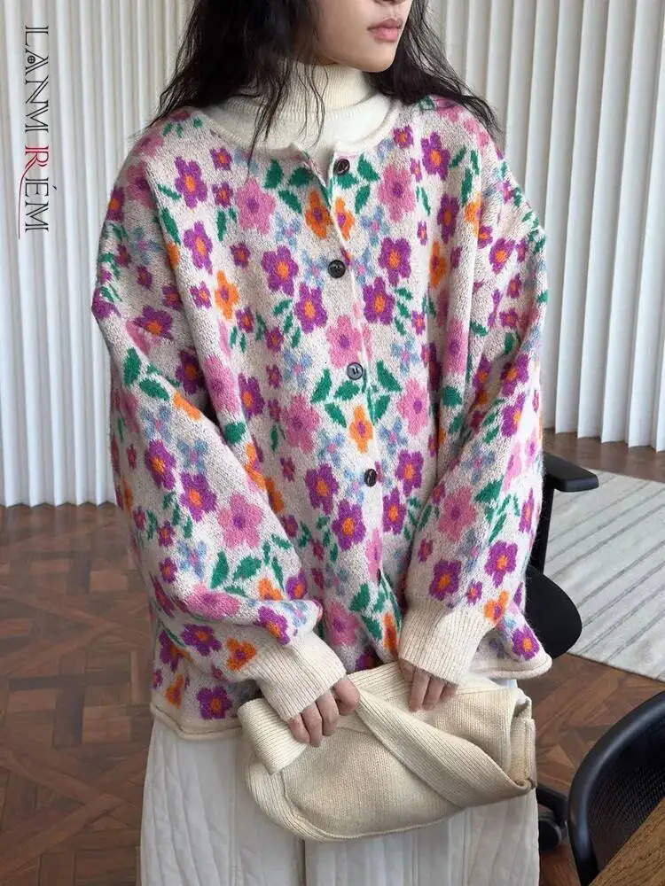 LANMREM Print Contrast Color Wool Knit Coat Women's Round Neck Single Breasted Warm Female Sweater Winter 260924
