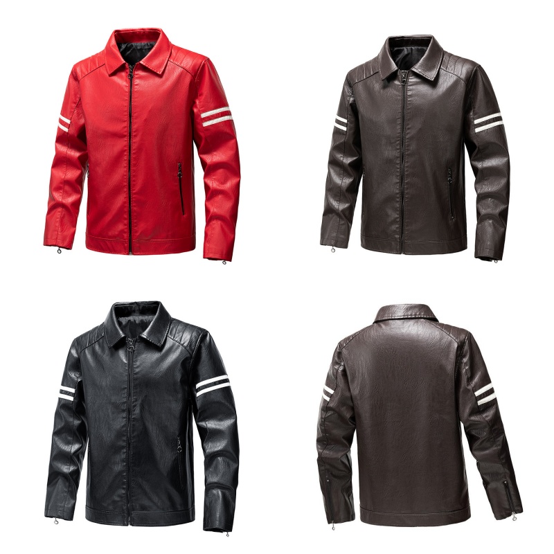 Men Slim Fit Motorcycle Style PU Leather Jacket Brown Faux Leather Coat Dual White Stripes On Both Arms Multi Zipper Pockets Street Fashion Outer