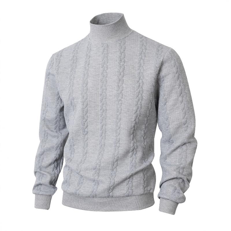 Pull en tricot torsadé à col montant pour hommes, manches longues, texture tressée verticale, coupe régulière, tissu tricoté structuré, poignets