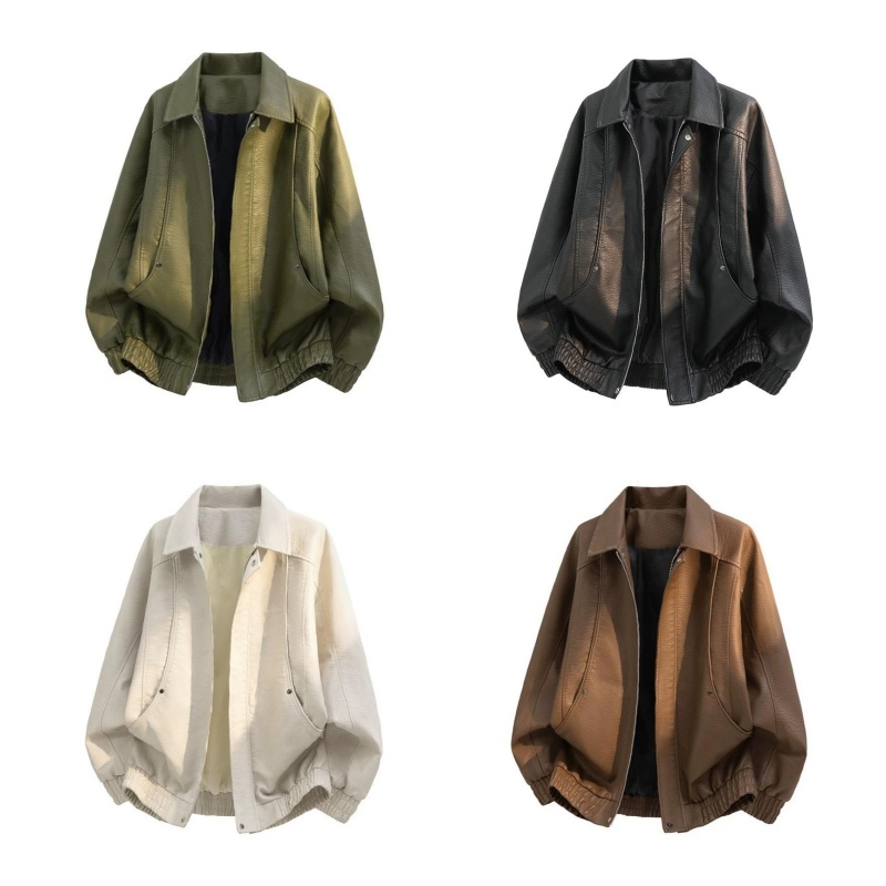 Mens Casual Solid Color Faux Leather Jacket Turnover Collar Long Sleeve Elasticated Hem Rivet Detail Side Pockets Loose Fit Autumn Coat