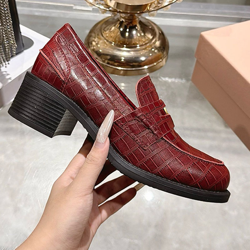 loafer woman designer block heel croc leather gold round toe slip on work office luxury comfortable burgundy black nude retro vintage casual modern