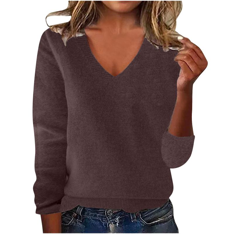 Pull classique à col en V en tricot fin à manches longues pour femme - Design uni - Doux et confortable - Tricot simple pour les sorties d'automn