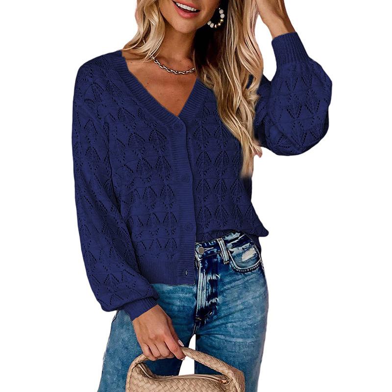 Ladies V Neck Eyelet Knit Cardigan Long Puff Lantern Sleeve Front Button Hollow Out Sweater Versatile Light Knit Outerwear