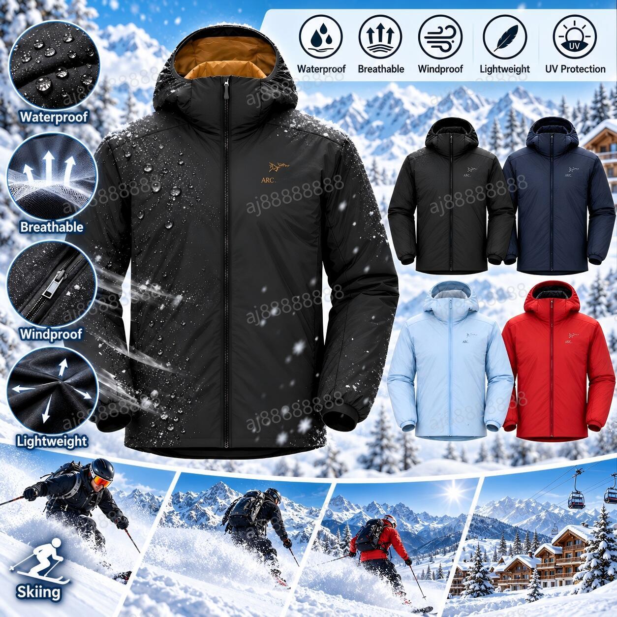 Arcteryxilly Unisex Hooded Ski Jacket Lightweight Warm Insulated Windproof Full Zip Winter Snow Outdoor Jacket