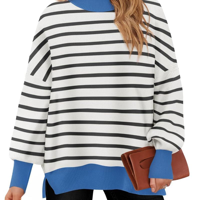Pull en tricot à rayures horizontales pour femme, coupe ample, col montant, manches longues, garniture en bloc de couleur, épaules tombantes, tri