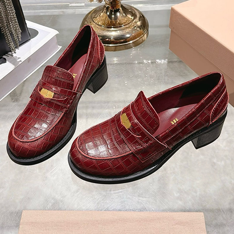 croc loafer woman designer block heel leather round toe slip on office city street luxury comfortable burgundy black gold nude vintage retro casual