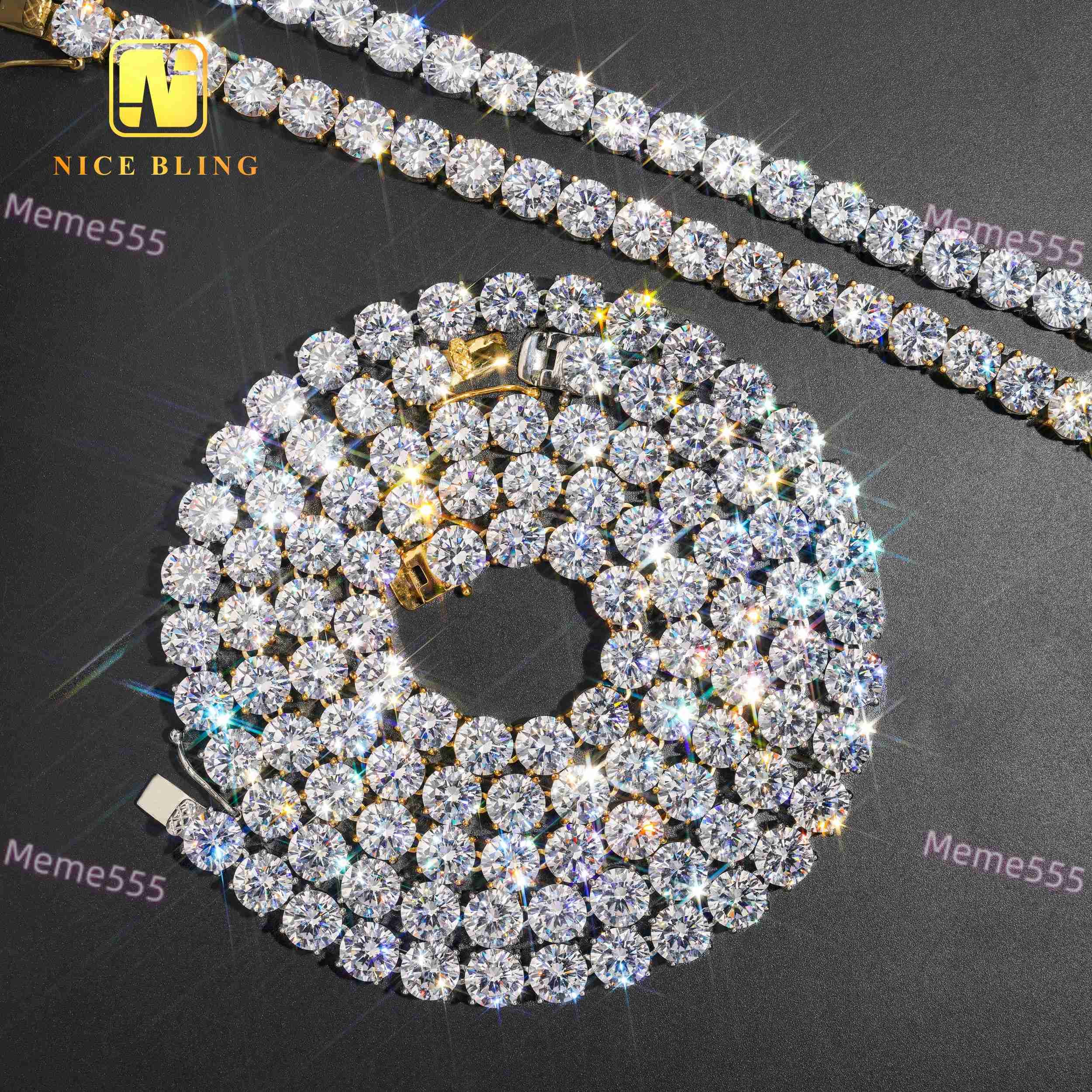 Big Size Iced Out Moissanite Tennis Chains 18k Gold Pvd Plated 10mm 316l Stainless Steel Tennis Necklace and Bracelet for Men Women