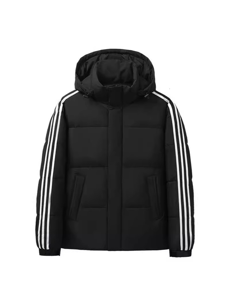 Men New Short Hooded Three Stripes Down Jacket Thickened White Duck Down Comfortable Warm Outerwear For Students Hiking Camping And Daily Winter Cas