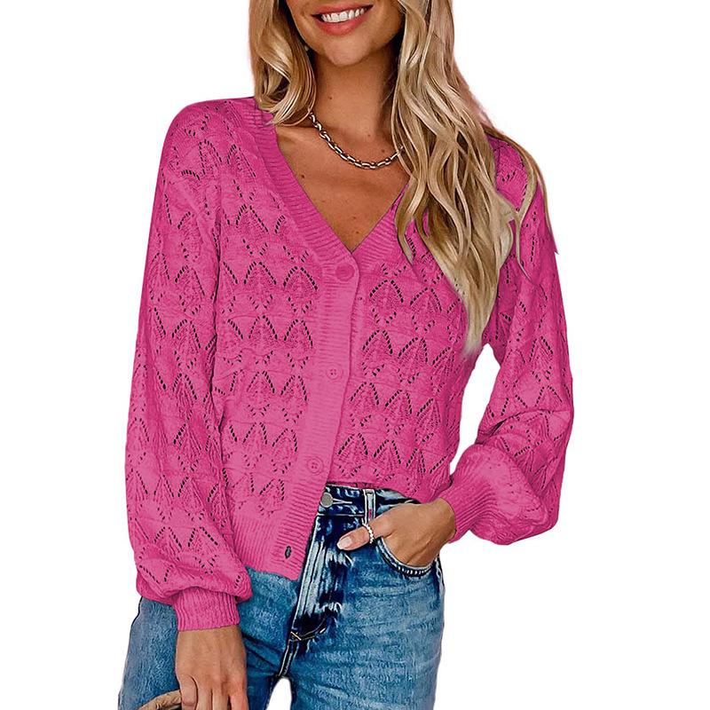 V Neck Hollow Out Knitted Sweater Cardigan Button Front Lantern Sleeve Loose Crochet Top Elegant Casual Knit Jacket For Women