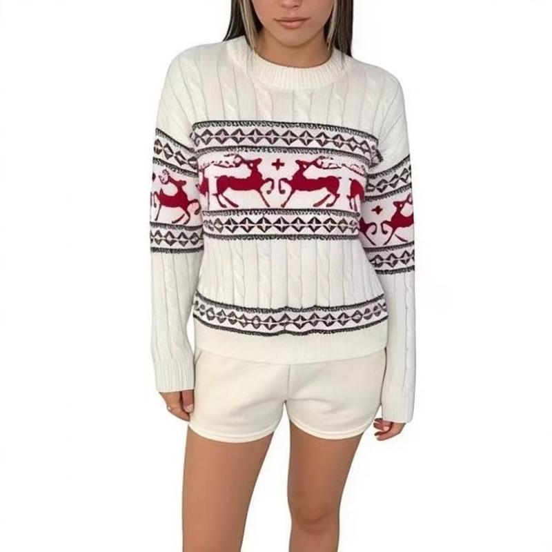 Pull tricoté jacquard de renne Fair Isle pour femme, col rond, texture torsadée, manches longues, coupe décontractée, tricot de vacances d'hiver