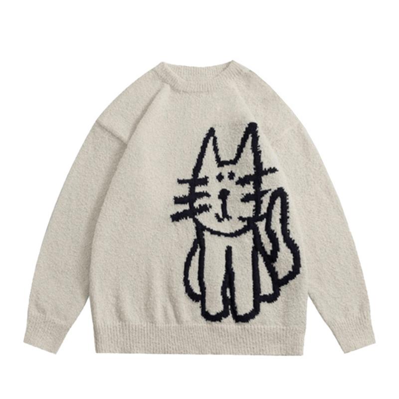 Pull tricoté à manches longues pour femme, col rond, graphique animal, coupe décontractée, texture floue, motif chat mignon, tricot pour l'automn