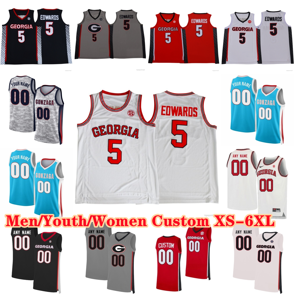 Custom GeorgiaBulldogs College Basketball Jerseys Anthony 5 Edwards Basketball Jerseys College #5 Red White Grey Stitched Jersey Shirts S-6XL