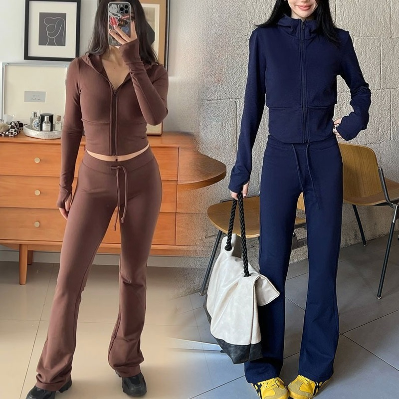 Designer Hoodie Full-Zip Jacket Womens Yoga Set Long Sleeved Cardigan Sweatshirt Slimming Micro Flared Pants Autumn and Winter Sports Casual Wear