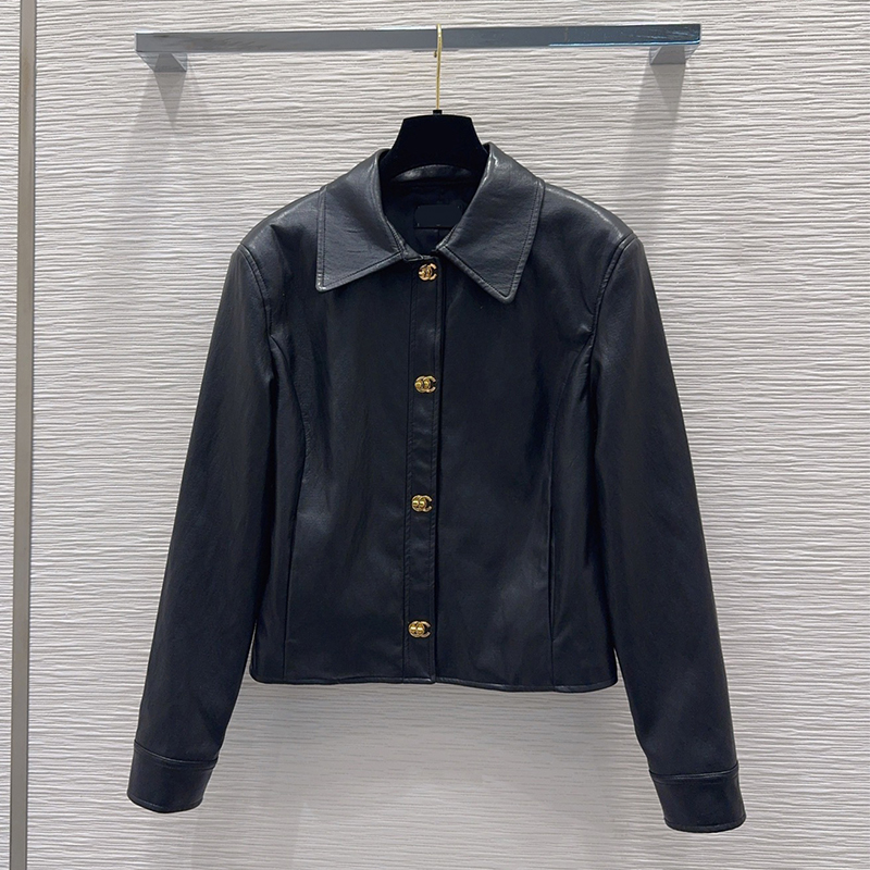 Women Black Faux Leather Cropped Jacket Lapel Gold Button Slim Fit Short Coat Luxury Designer Elegant Outerwear