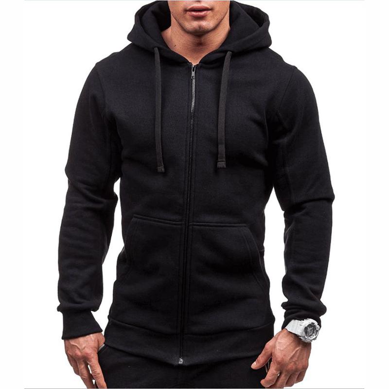 Veste à capuche pour hommes, manches longues, fermeture éclair complète, cordon de serrage, détail de la capuche, poche kangourou intégrée, ourle