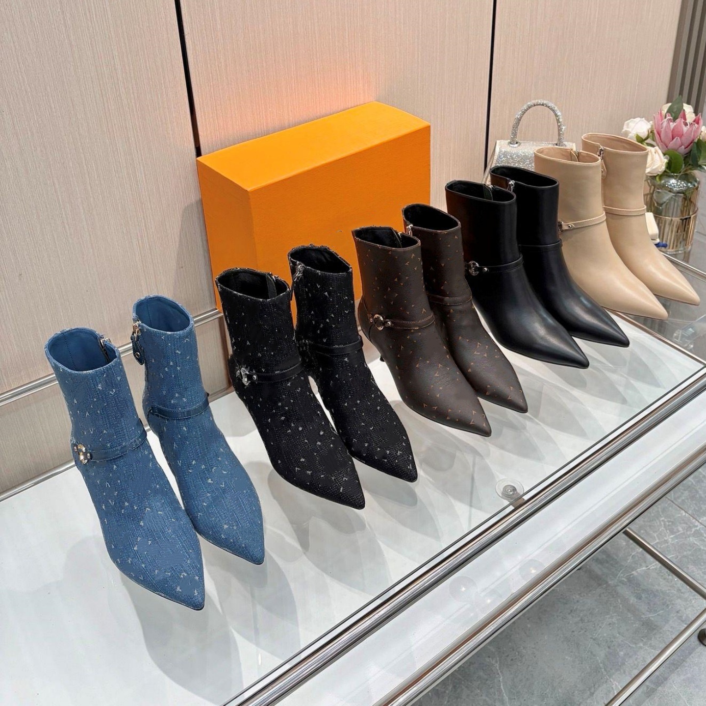 Luxury Denim canvas leather ankle Cowboy boot Designer Woman platform chunky heel boot Hike snow Fall booties Outdoor Sport western work Casual walk