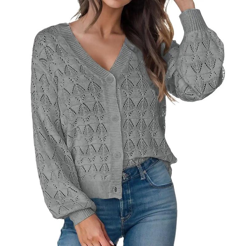 Women Openwork Knit Cardigan Long Lantern Sleeve V Neck Single Breasted Hollow Crochet Sweater Soft Light Knit Top For Layering