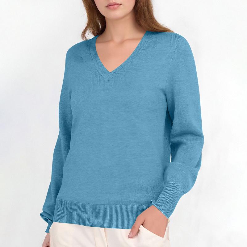 Pull classique à col en V en tricot fin à manches longues pour femme - Design uni - Doux et confortable - Tricot simple pour l'automne et l'hiver