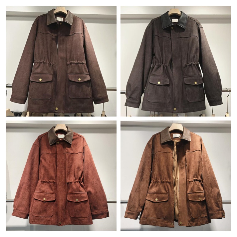 Manteau de campagne en daim à taille réglable pour femme, manches longues, col en cuir épissé, matériau en daim tissé solide, poches à rabat déco