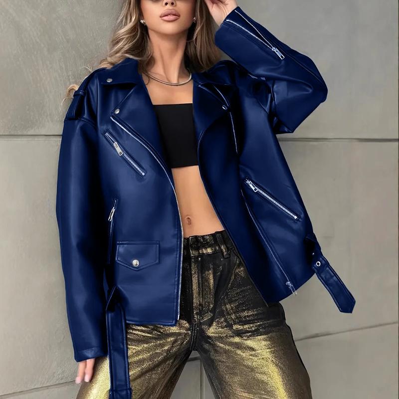 Veste de motard en simili cuir à revers pour femme, manches longues, épaules tombantes, ouvertures à fermeture éclair multiples, poche plaquée et
