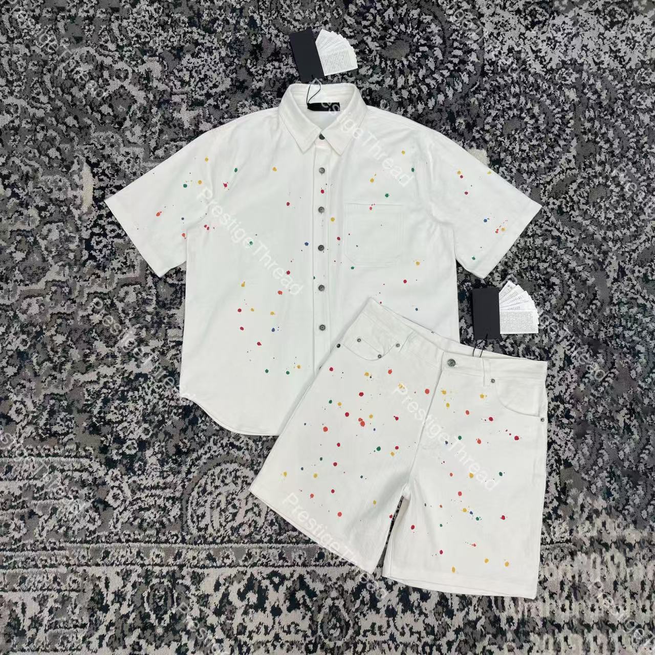 26ss New Denim Jacquard Fabric Pocket Casual Short Sleeve Shirt with Ink Splash Jacquard Men's Tracksuits