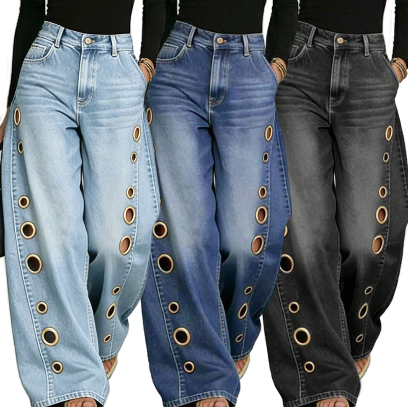 Jean de créateur taille haute, ample, jambe droite, pantalon en denim à jambe large avec trous métalliques sur le côté, jean évidé pour femme
