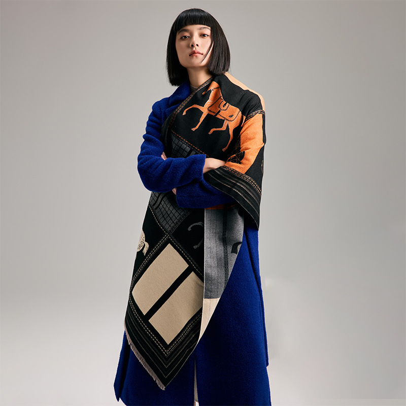 Womens Autumn Winter Horse Patchwork Shawl, Khaki Orange Soft Imitation Cashmere Oversized Wrap, Warm Fashion Scarf for Daily & Gift