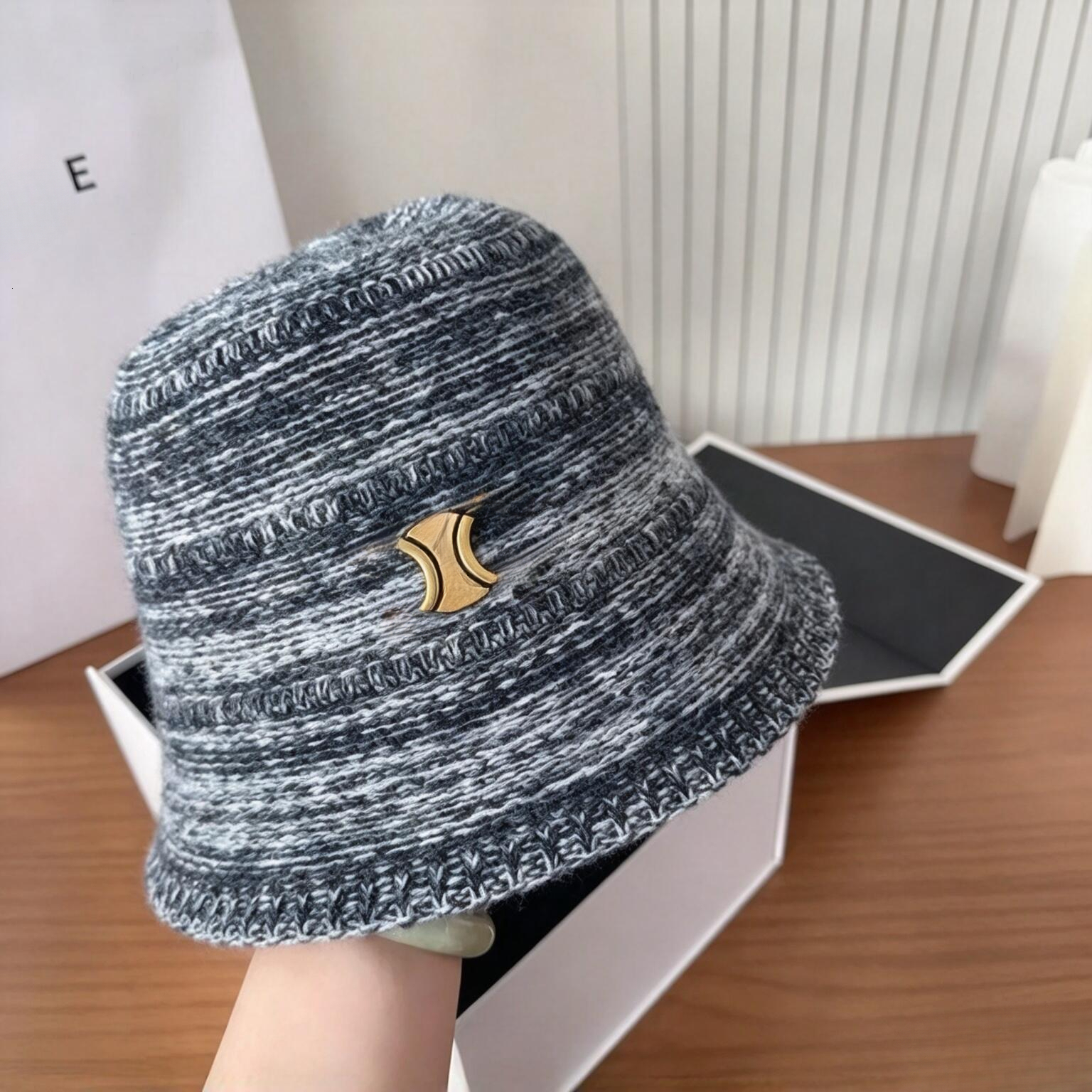 Luxury bucket hat women marled gray mixed yarn knitted fisherman cap metal logo soft warm winter hat stylish casual headwear for ladies daily outdoo