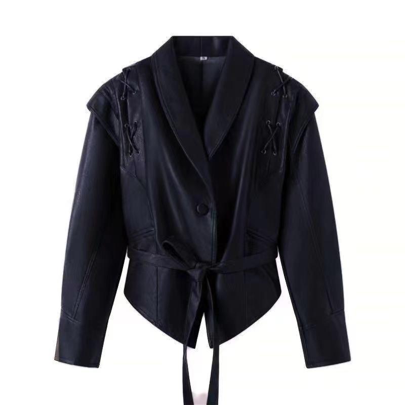 Veste Blazer en Faux cuir pour femmes, bouton unique, col châle, manches longues, épaule, ornement en dentelle, ceinture à nouer à la taille, hau