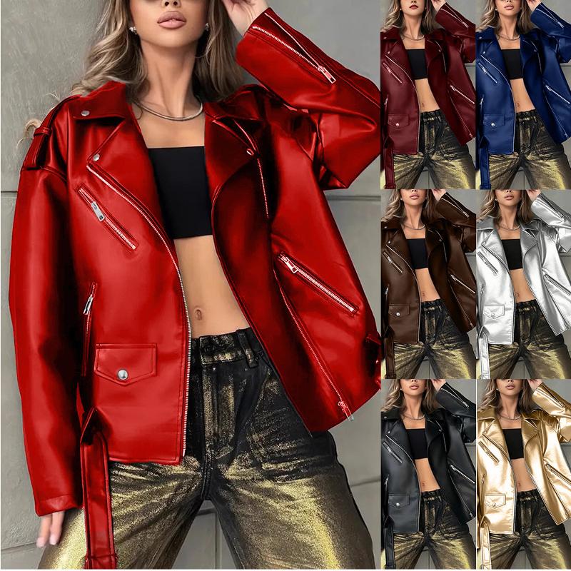 Veste en cuir de motard coupe ample pour femme, manches longues, revers cranté, matériel en métal argenté, poche à rabat et fermeture éclair sur