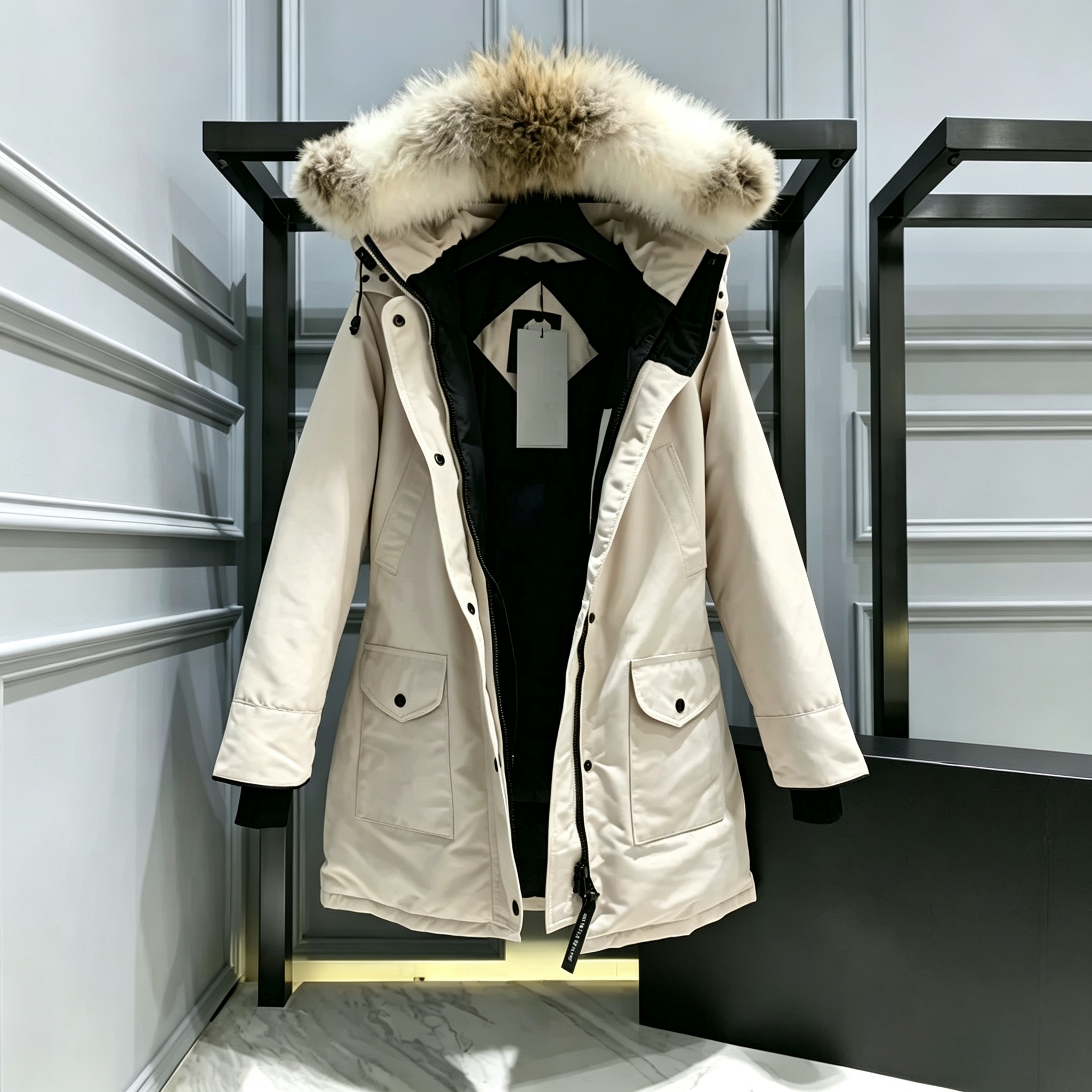 Winter jacket women fashion brand jackets womens long coat large pocket fur collar thermal top female warm outerwear wolf hair windproof coats black