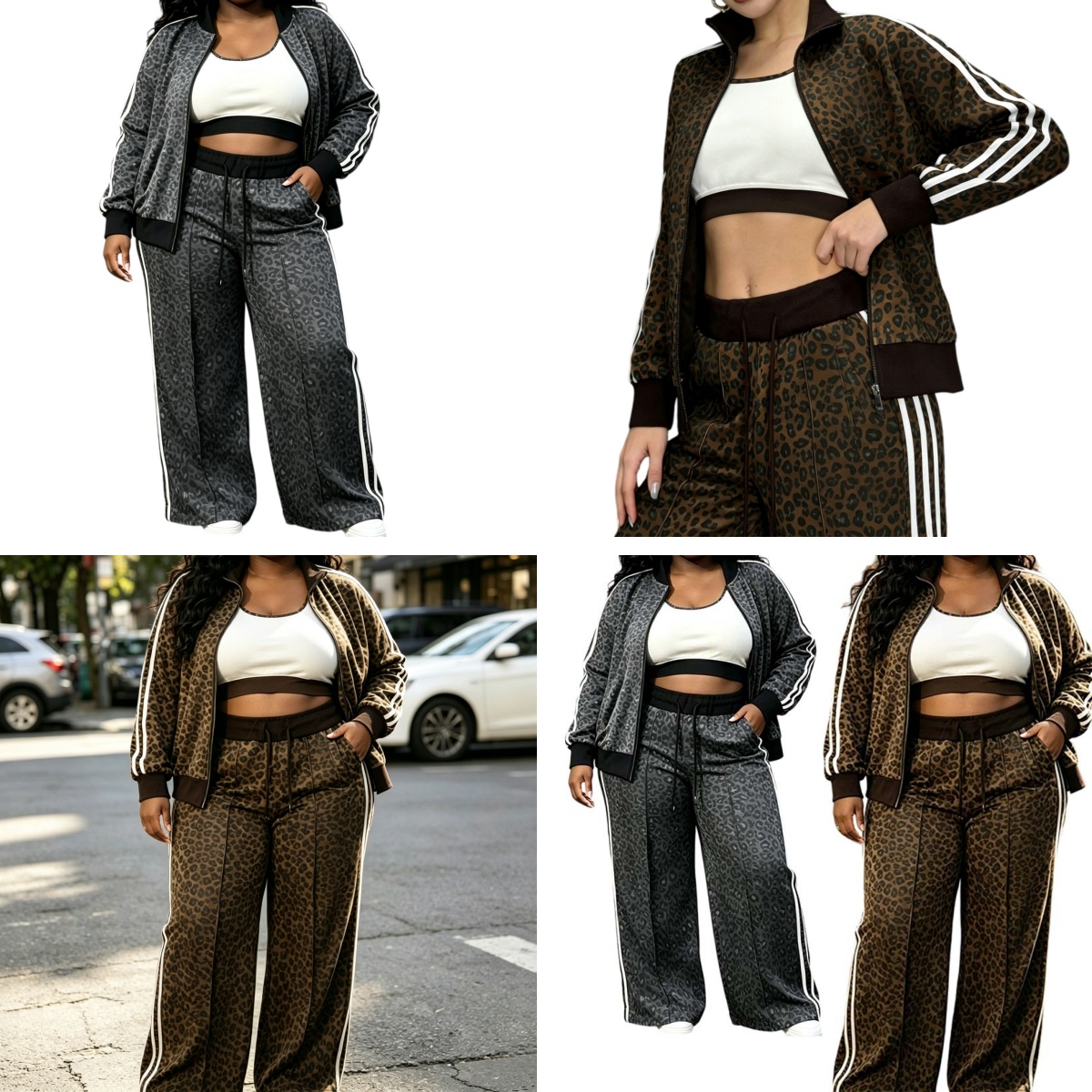 Tracksuit women plus size eopard print tracksuit zipper stand collar jacket wide leg pants set casual sportswear matching suit for daily wear cotton
