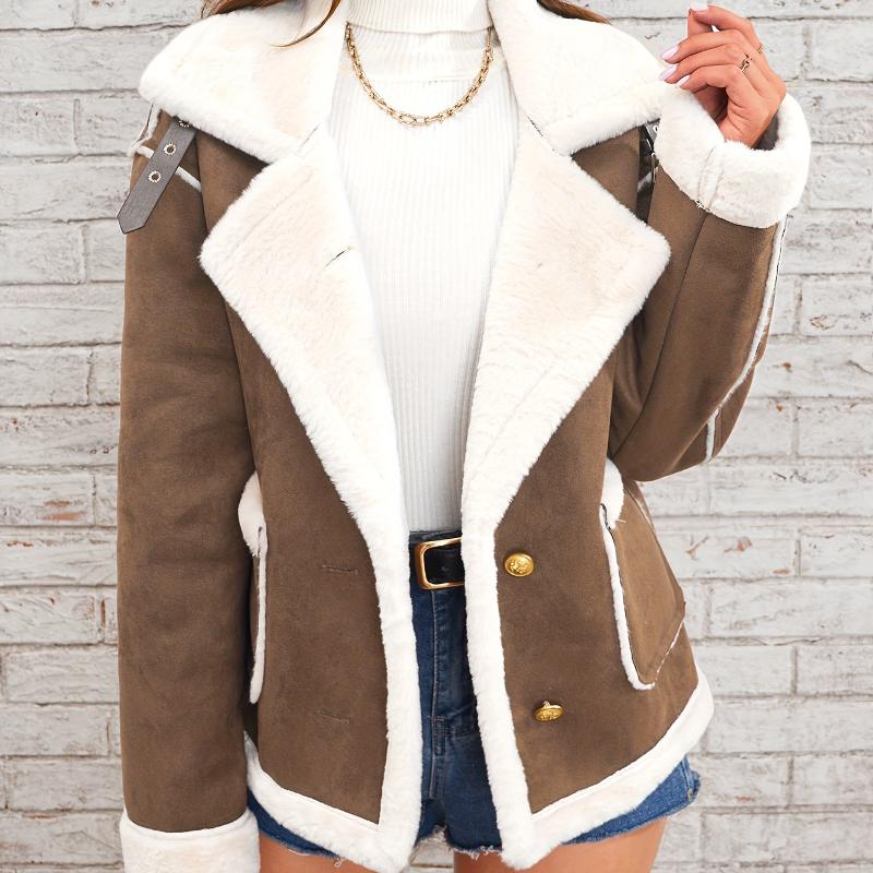 Ladies Faux Suede Shearling Lined Aviator Outercoat Wide Lapels Long Sleeve Fluffy Trim On Collar Cuffs And Pockets Warm Outer Top