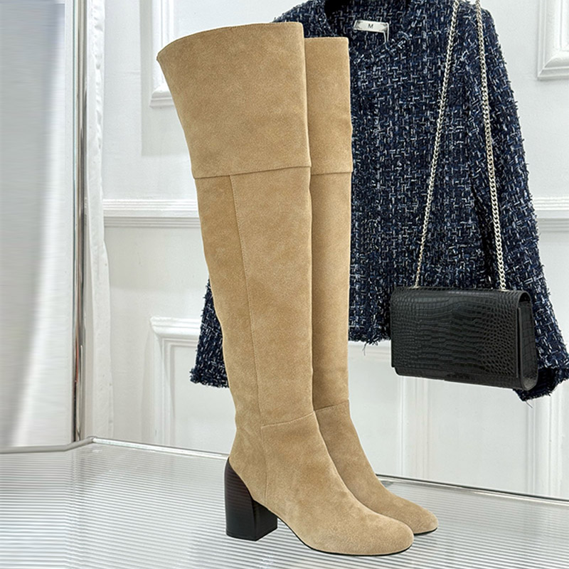 Designer Luxury Shoe Ladies Over The Knee Boots Chunky Heel Suede Long Shaft Zipper Autumn Winter Party Club Street Elegant Camel Western Dress Outd