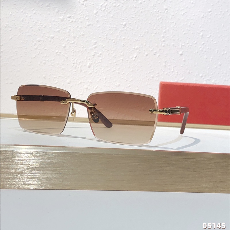 Luxury Designer Style Rimless Sunglasses Retro Rectangle Gold Metal Frame Gradient Brown Lens Wood Temple Unisex with Box Gafas 0514S