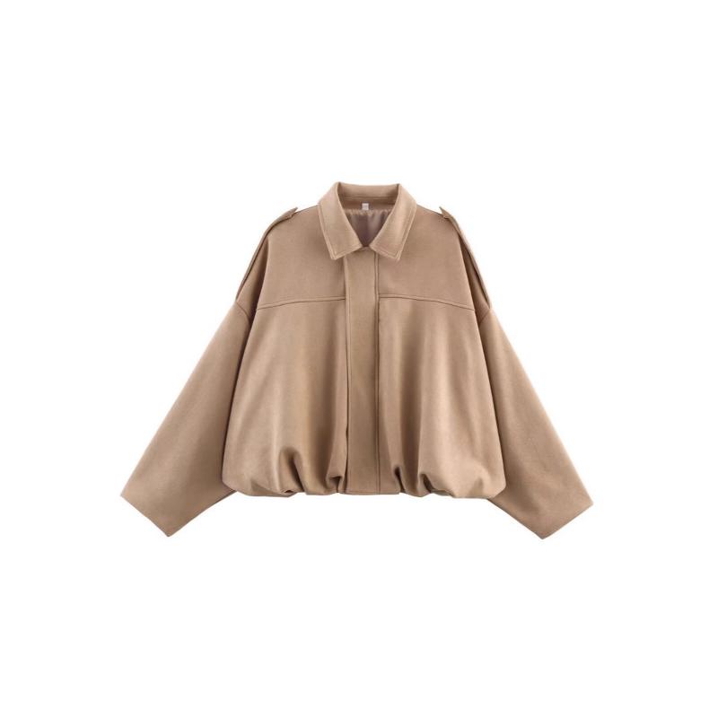 Women Vintage Suede Texture Cropped Coat Lapel Collar Drop Shoulder Design Hidden Front Zipper Bubble Hem Fashion Outerwear