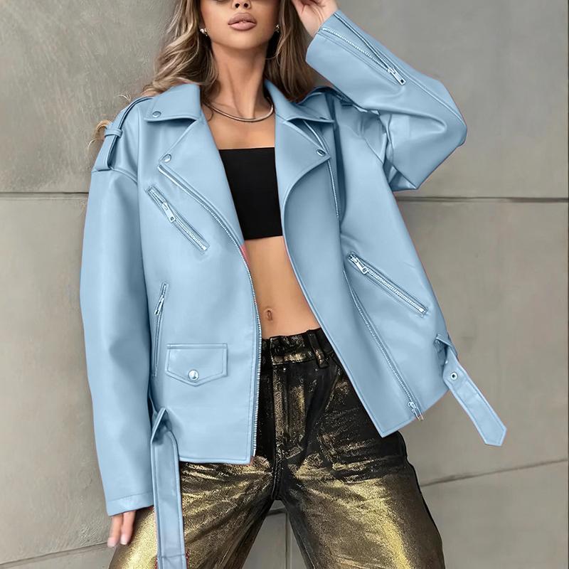 Veste de motard en Faux cuir pour femmes, Silhouette ample, manches longues, revers mixte, fermeture éclair, détails de poche, ourlet latéral, sa