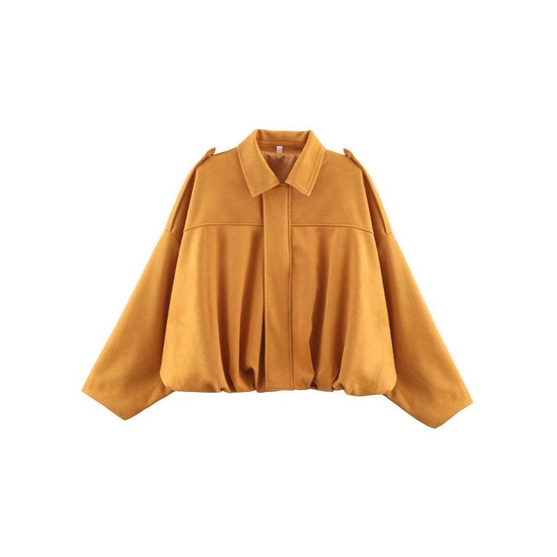 Veste d'extérieur courte vert armée pour femmes, col à revers, épaules tombantes, manches ballon amples, ourlet froncé, veste décontractée de Sty