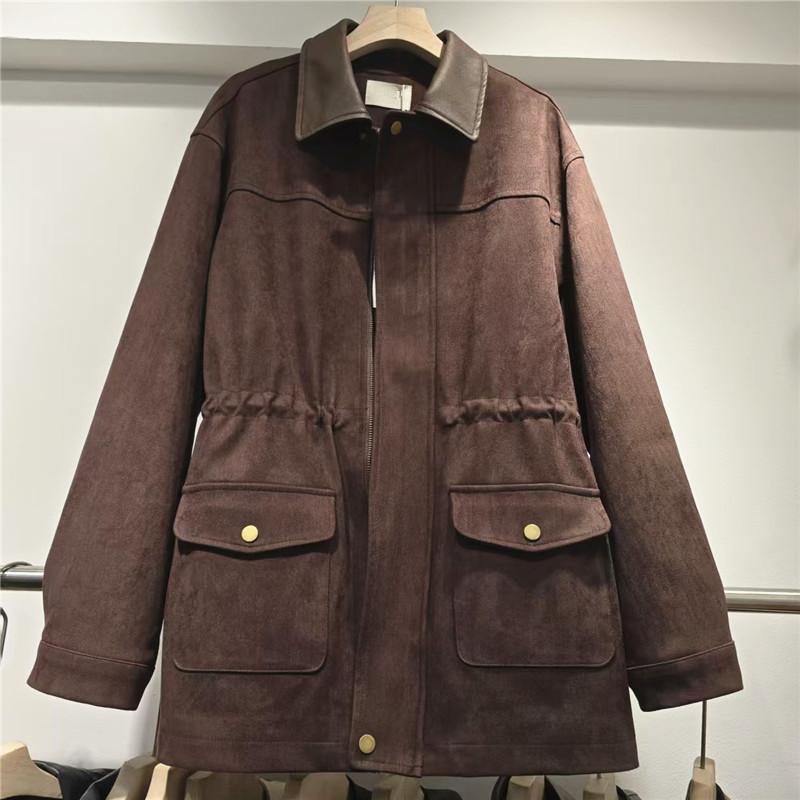 Veste décontractée à texture en daim pour femmes, manches longues, col contrasté, patte de boutonnage, taille intérieure, cordon de serrage, deux